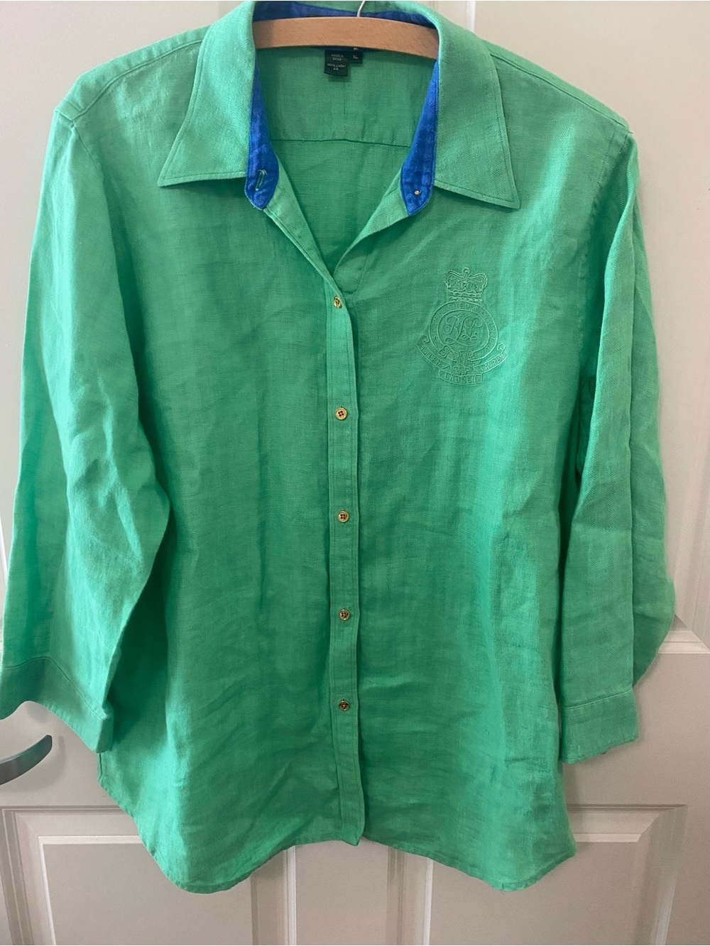 Lauren Ralph Lauren Green Linen Top with Blue Trim